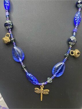 Artisan Cobalt Blue Glass Beaded Necklace Dragonfly Bell Charms 17” Boho